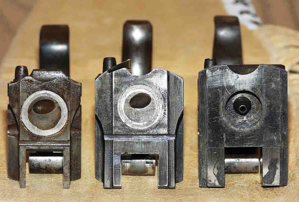 Sharps breechblocks with platinum rings on left, (Models 1851 and 1852) and a New Model 1859 breechblock with Conant gas seal on right.